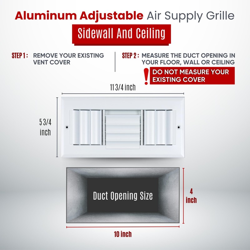 Fits 10x4 Duct Opening Aluminum 3-Way Adjustable Air Supply Grille