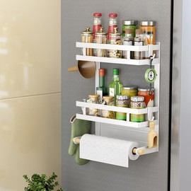 San Dream Magnetic Spice Rack for Refrigerator Magnetic Fridge Shelf Seasoning Rack Magnet Organizer Moveable 4 Hooks for Kitchen Utensils Home Decor:_White