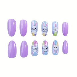 MIXFOSAHN Easter Press on Nails Medium Almond Fake Nails Purple False Nails with Cute Designs Bunny with Eggs Glossy Stick on Nails Glue on Nails Easter Nails Acrylic Nails for Women Girls 24 Pcs