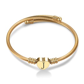 Chili Jewelry Initial J Letter Heart Gold Cuff Bracelets Expandable for Women Capital Name