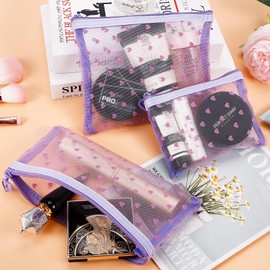Fassave 6 Pack Mini Zipper Mesh Makeup Bags, Heart Print Nylon Cosmetic Bags Toiletry Bags for Office Travel Organization (Purple, M)