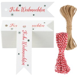 G2PLUS Small Merry Christmas Gift Tags, White Christmas Pendant Gift, Pack of 100 Christmas Labels, 2 x 7 cm Christmas Tags Paper for Gifts or Christmas Advent Calendar Decoration