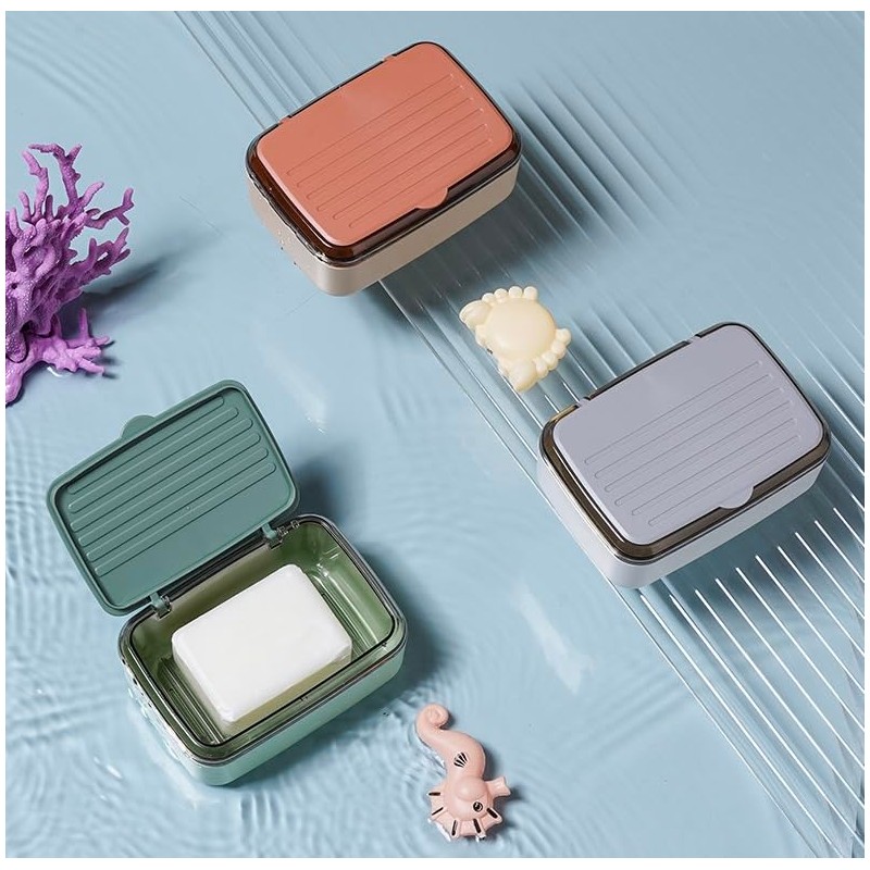 2Pcs Plastic Soap Holder with Drain Tray and lid,Removable Bar