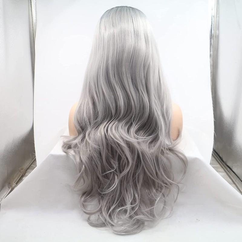 Ombre Grey Synthetic Lace Front Dark Roots Waves Silver Grey