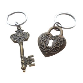 Large Bronze Key and Heart Lock Keychain Set- You've Got The Key To My Heart; 8 Year Anniversary, Couples Keychain Set