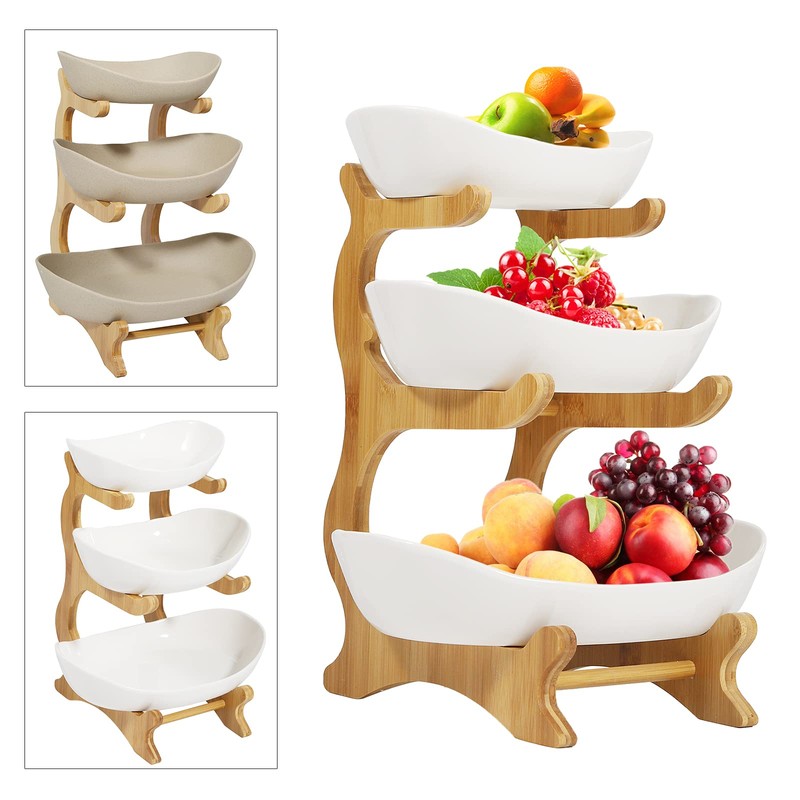 Veloqua 3 Tier Fruit Bowl For Kitchen Counter,Ceramic Fruit Bowl,Large