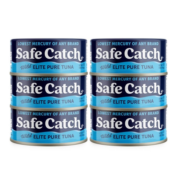 Safe Catch Elite Tuna Canned Wild Caught Tuna Fish Low Mercury Can Tuna Solid Steak Gluten-Free Keto Non-GMO Kosher Paleo-Friendly High Protein Food, Every Can Of Tuna Is Tested, 6 Pack 5oz Tuna Cans
