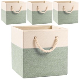 PRANDOM Large Foldable Cube Storage Bins 13x13 inch [4-Pack] Fabric Linen Storage Baskets Cubes Drawer with Cotton Handles Organizer for Shelves Nursery Closet Bedroom Beige/Green