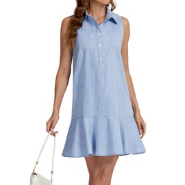 YEXPINE Women‘s Sleeveless Shirt Dress Ruffle Hem Cotton Tunic Dress Button Up Swing Shift Mini Dresses Blue