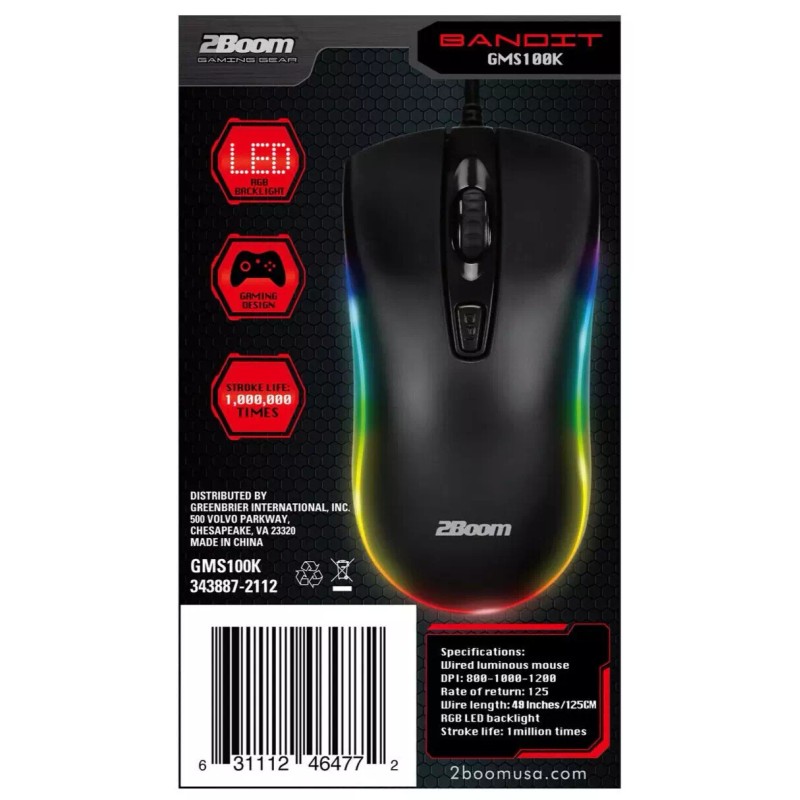 2Boom Bandit Wired Optical Gaming Mouse (GMS100K) LED, RGB Backlighting
