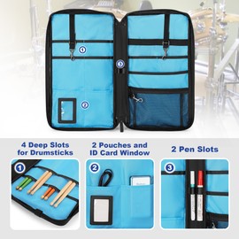 Yarwo Drum Stick Bag with Hanging Hooks, Drum Mallet Holder with Adjustable Shoulder Strap for Drumsticks, Mallets, Brushes, Sheet Music, Percussion Accessories for Drummers in Band, Gig, Studio