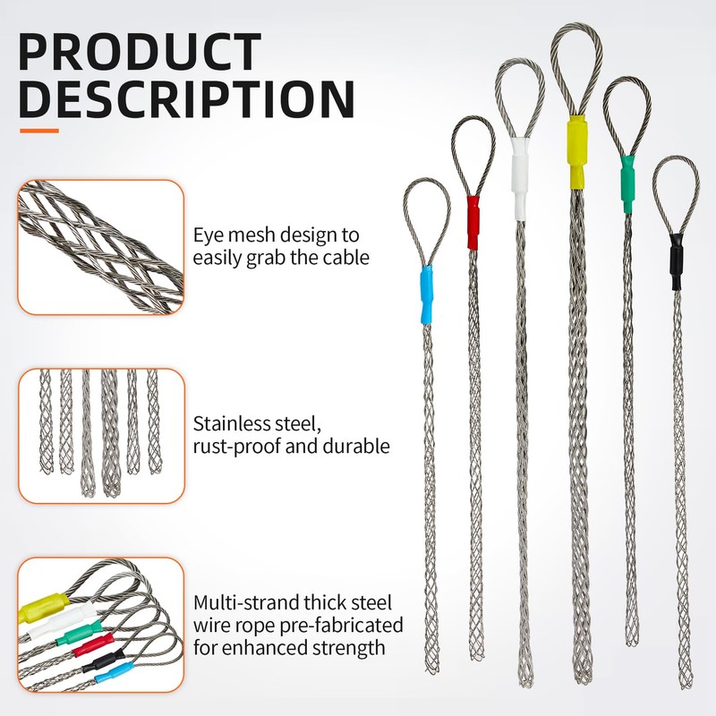 6 Pack Wire Mesh Cable Pulling Grips, Fit 0.16-0.98 in