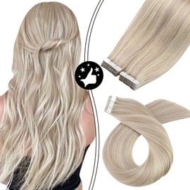 Moresoo Hair Extensions Tape in 24 Inch Full Head Tape in Extensions 100 Grams 40 Pieces Ash Blonde Highlight Extensions Glam Seamless Hair Extensions #18 Ash Blonde Highlight with #613 Bleach Blonde