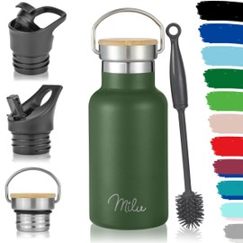 Milu Stainless Steel Water Bottle 350 ml 500 ml 750 ml 1000 ml (+ 3 Lids) Thermos Bottle with Straw Insulated Water Bottle for Children, Adults, for Travel, Leak-Proof (Olive Green, 350 ml)