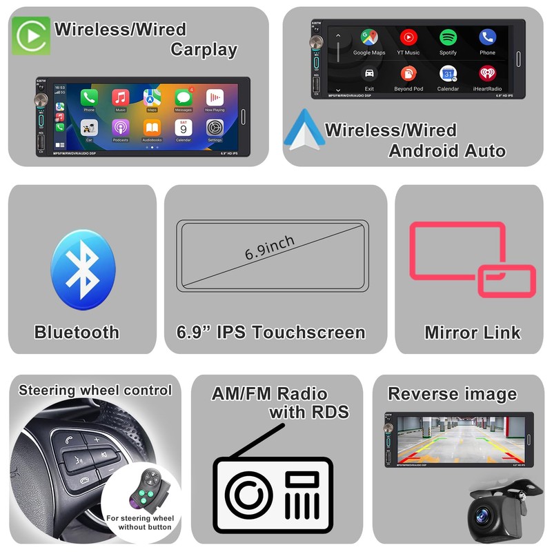 Alondy Single Din Car Stereo Touchscreen (6.9") Compatible with Apple