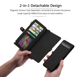 Simicoo Pixel 8A Wallet case, Pixel 8A Flip Leather case Card Slots Holder Zipper Purse Detachable Magnetic Cover Hand Strap Cash Pocket Pouch Wallet for Woman Man (Black)