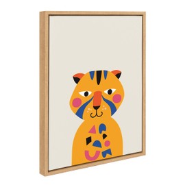 Kate and Laurel Sylvie Mid Century Modern Baby Tiger Framed Canvas Wall Art by Rachel Lee of My Dream Wall, 18x24 Natural, Cute Abstract Art for Wall