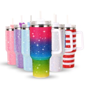 TipMake 40 OZ Bling Tumbler With Handle Studded Rhinestone Tumbler Glitter Cups with Lid Stainless Steel Vacuum Thermal with Straw for Ice Cold or Warm Drinking for Women(Colorful Shiny)