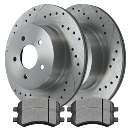 AutoShack Pair of 2 Front Drilled and Slotted Brake Rotors Silver and Performance Ceramic Pads Set Driver and Passenger Side Replacement for Mitsubishi Raider 2005-2011 Ram Dakota 4WD RWD BRKPKG004039