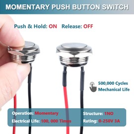 DMWD 2pcs 12mm Super Short Metal Momentary Push Button Switch Waterproof Anti-Vandal Silver Shell 1/2" Mounting Hole 12V 24V 110V (ON)-Off 2Pins 1NO Flat Head