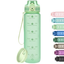 Alwager 32oz Motivational Water Bottles with Time Marker & Fruit Strainer, Single Color Water Bottle with Times to Drink, Leakproof & BPA Free, Reusable Plastic Bottle with Strap (No Straw)