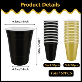60 Pcs Black and Gold Plastic Cups- 16 oz Reusable Plastic Party Cup Sturdy Colored for Drinking Wedding Birthday Party Christmas