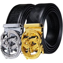 Barry.Wang Mens Ratchet Belt 2 Pack Buckle Gift Set Dress Belts Leather Slide Strap Automatic 1 3/8" Wedding Business, Gold and Silver, 130cm,for pants 48"and below,trim to fit