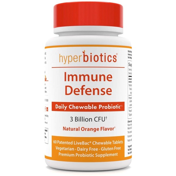 Hyperbiotics Immune Defense Vegan Chewable Tablets | Probiotic Supplement for Women, Men, Adults | Digestive Health, Immunity Support | Orange Flavored | 60 Count