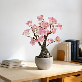 Artificial Pink Cherry Floral Potted,15.7'' Tall Fake Bonsai Flowers Tree,Blossom Faux Plants,Realistic Spring Decorative Branches Plants Potted,Decoration for Women Gifts Office Desk Decor