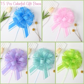 Gift Bows Large 6 inches 15 Pcs Gift Pull Bows for Presents, Gift Wrap Ribbon Pull Bows for Gift Wrapping, Wedding Baskets, Presents (Bright Mix Colors)