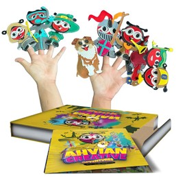 Educational Bundle for Kids: Bilingual Reading Book (AhvianTheCreative Adventure) + Finger Puppets of Book Characters (Washable, Sensorial) + Storage Box