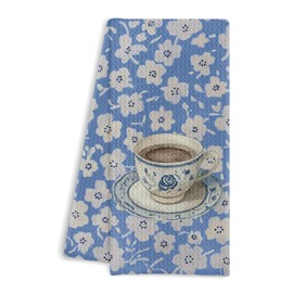 DOFQZ Vintage Blue Floral Coffee Kitchen Towels, Retro Flowers Dish Tea Towels for Kitchen Decor, Cottagecore Hand Towels for Bathroom, Coffee Bar Station Decor, 16x24 Inch