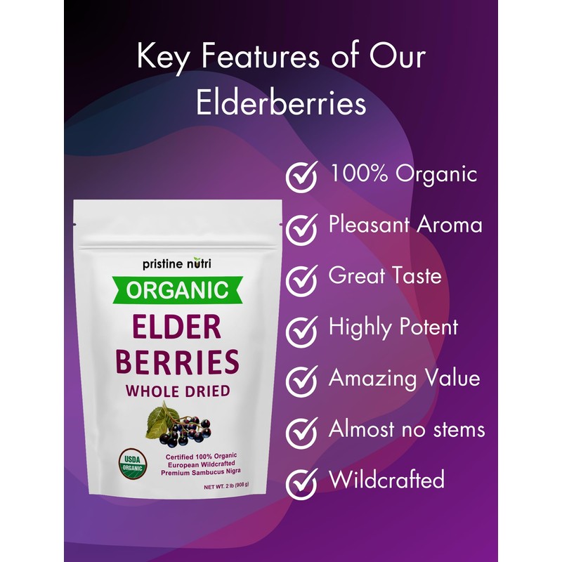 Organic Elderberries Dried Bulk | Whole European Elderberry Dried, Wildcrafted
