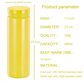Small Flask, Cute Water Bottle, Vacuum Insulated Flask for Hot & Cold Drink, Keep 12H Hot & 6H Cold (Yellow, 280ml)