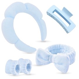 Canitor Spa Headband Wrist Band Set with Hair Clips Makeup Skincare Headbands for Washing Face Skin Care Blue Bow Preppy Teen Girl Gifts Cute Trendy Stuff Hair Accessories for Women