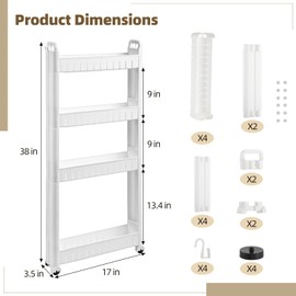 Epicover 4 Tiers Slim Rolling Storage Cart, 3.5 in Slim Slide Out Bathroom Organizer Cart, Tiered Storage Rack with Wheels, Narrow Mobile Utility Cart for Laundry Room, Kitchen, Office, Sturdy Room