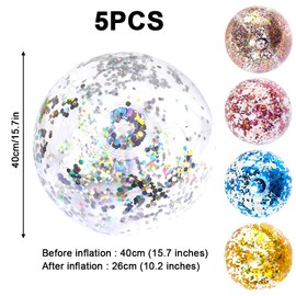 Gukasxi 5 Pcs 16 Inch Inflatable Glitter Beach Ball, Confetti Beach Balls Transparent Sequin Beach Balls Swimming Pool Balls for Adult Kids Summer Pool Party Toys with Inflator Summer Beach Favor