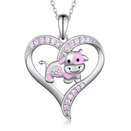 Cow Necklace 925 Sterling Silver Cute Strawberry Cow Pendant Necklace Heart Shaped Cow Necklaces Cow Jewelry Gift for Women Cow Lovers Birthday Gifts