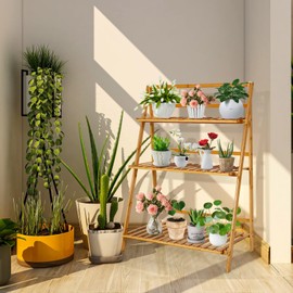 COSTWAY Bamboo Plant Stand, Foldable Multifunctional Flower Display Ladder Shelf, 3-Tier Storage Rack