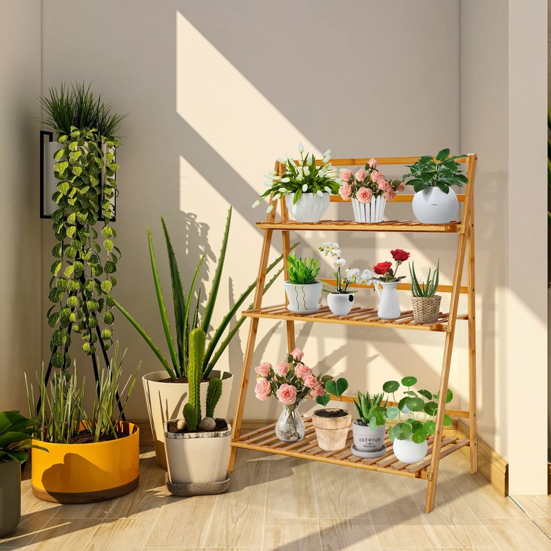 COSTWAY Bamboo Plant Stand, Foldable Multifunctional Flower Display Ladder Shelf,