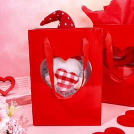 Whaline Valentine's Day Paper Gift Bags with Heart Clear Window Love Heart Red Party Favor Bags with Handle Goodie Candy Treat Bags with Tissue Paper For Wedding Anniversary Holiday, 12Pcs
