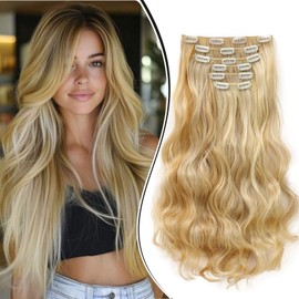 Dcbaboo Clip-In Hair Extensions, Wavy Clip-In Hairpiece, Wavy 6 Pieces, 55 cm, Synthetic Hair Extensions with Clips, Curly Long Hair Extensions for Women, Dark Blonde & Bleach Blonde