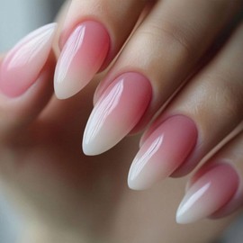 Pink Gradient Press on Nails Almond Medium Fake Nails Full Cover Acrylic Nails Press ons Cute Simple False Nails Glossy Ombre Pink White Glue on Nails for Women 24 Pcs