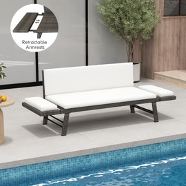 Tangkula Outdoor Convertible Sofa Daybed with Adjustable Armrests, PE Rattan Patio Couch Furniture with Removable Cushions, Patio Chaise Lounge Loveseat for Porch, Balcony, Backyard, Poolside