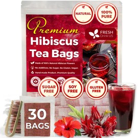 FreshDrinkUS, Premium 30 Hibiscus Flowers Tea Bags, 100% Natural & Pure from Hibiscus Flowers. Loose Flower Hibiscus Herbal Tea. No Sugar, No Caffeine, No Gluten, Vegan.