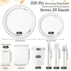 meekoo 350 Pcs Paper Plates Set Disposable Party Dinnerware for 50 Guests 9in and 7in Dinner Paper Plates Dessert Plates Napkins Gold Rimmed Cups Knives Forks Spoons(Silver and Black, Round)