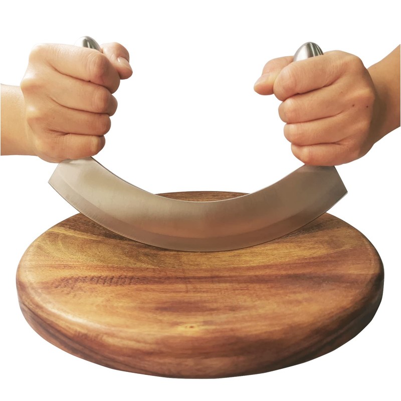 8.7 Inch Mezzaluna Knife With Wood Cutting Board - Stainless