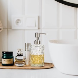 Easy Tang Glass Hand Dish Soap Dispenser for Bathroom Kitchen 12 Oz Crystal Design with Silver Pump Refillable Liquid Soap Dispenser (Clear)