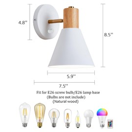 ClanKin Wall Sconces Lighting Set of 2 for Bedroom, White Adjustable Wood Style Wall Sconce Reading Lamp, Wall Light for Bedroom Hallway Living Room (White-Hardwired, 2)