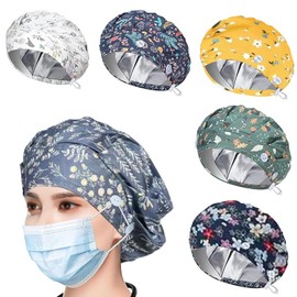 6 x Adjustable Surgical Caps, Women's Surgical Cap, Fabric with Satin Lining, Satin Hair Cap with Button, Work Cap with Sweatband Hoods, Dust Cap, Chef's Hat, Unisex Cotton Print Surgical